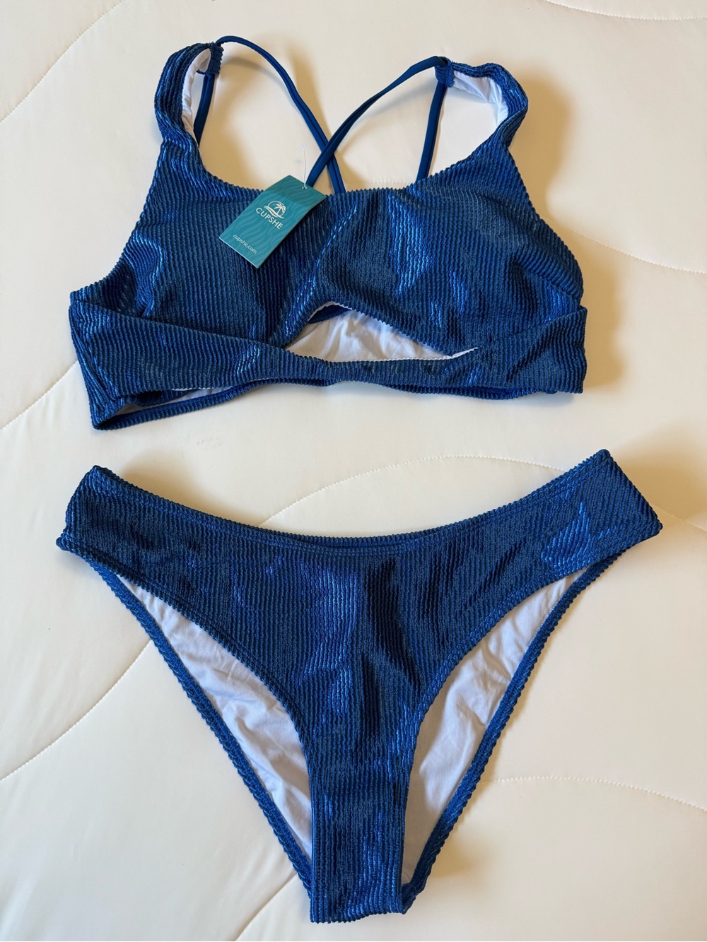 Cupshe Shimmer Ribbed Deep Blue Two-Piece Bikini